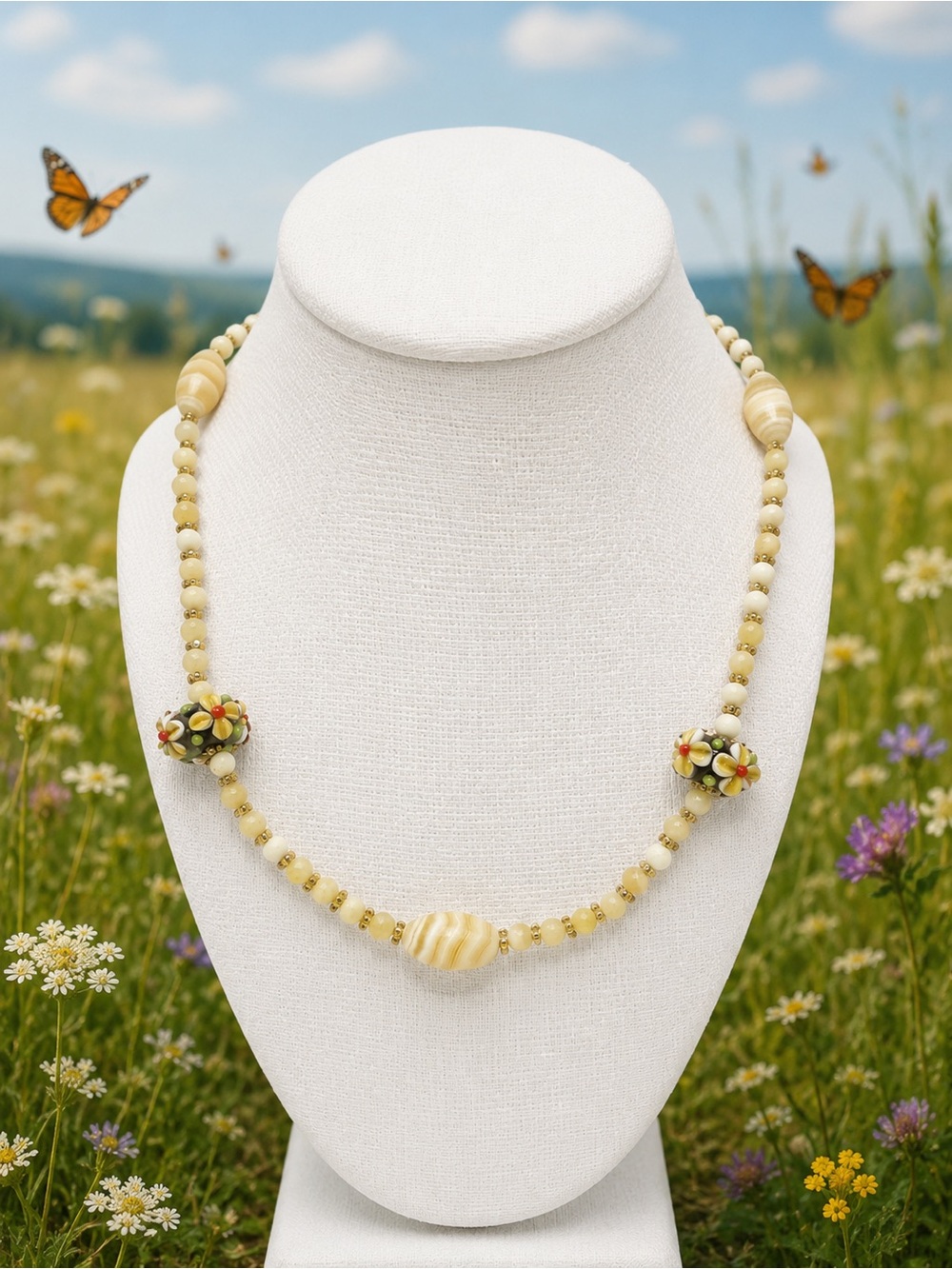 Artisan Made Vintage Yellow Calcite & Vintage Lampwork Necklace